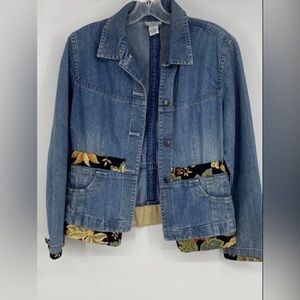 LOFT  Ann Taylor Blue Denim Jacket with Floral Trim Accents